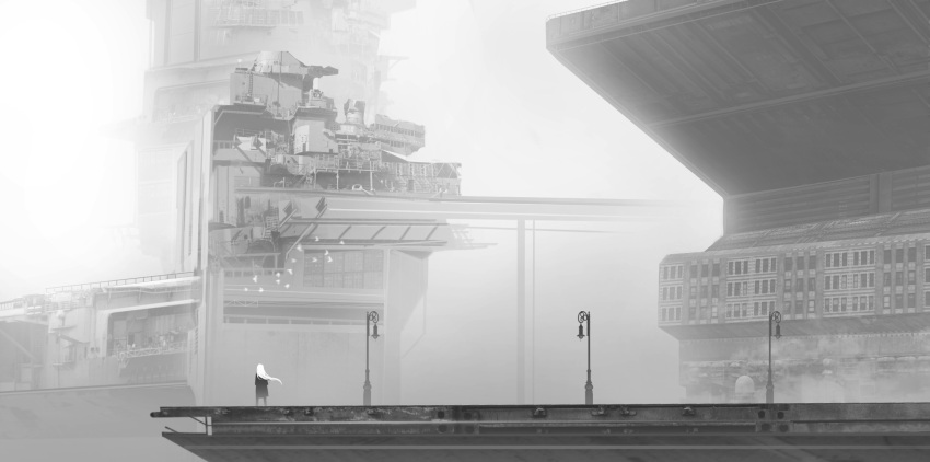 1girl asuteroid battleship bird dock flock fog grey highres long_hair military military_vehicle original scenery ship silhouette solo standing warship watercraft white_hair