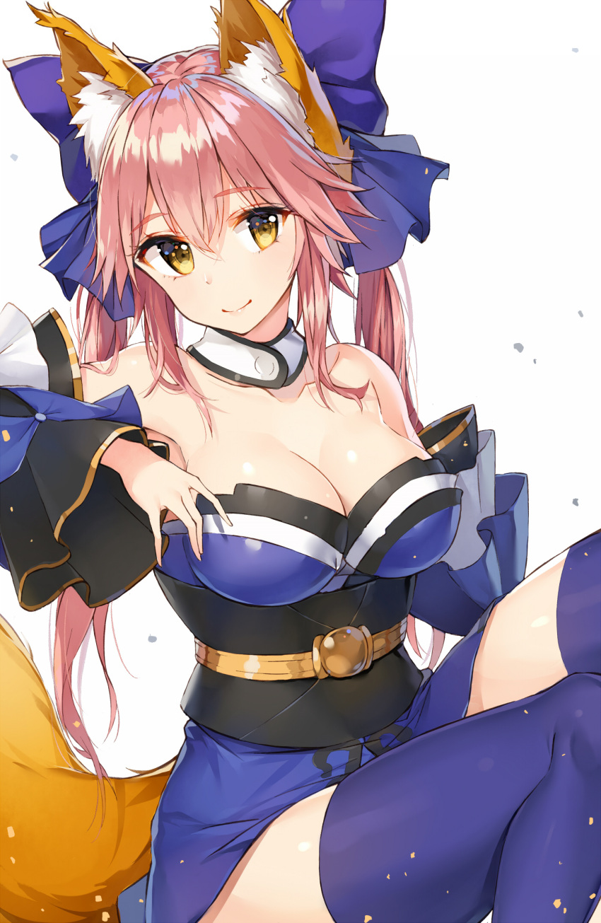 1girl animal_ears bangs bare_shoulders blue_kimono blue_legwear breasts cleavage closed_mouth collarbone eyebrows_visible_through_hair fate/extra fate_(series) fox_ears fox_tail hair_between_eyes highres japanese_clothes kimono large_breasts long_hair looking_at_viewer obi pink_hair revision rikoma sash short_kimono simple_background sitting smile solo tail tamamo_(fate)_(all) tamamo_no_mae_(fate) thighhighs tsurime white_background yellow_eyes