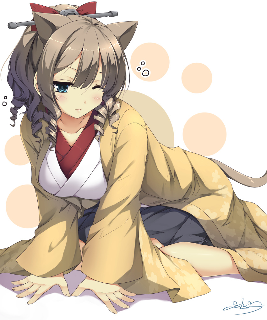 10s 1girl 3;&lt; absurdres all_fours animal_ears blue_eyes blush bow breasts brown_hair cat_ears cat_tail drill_hair full_body hair_between_eyes hair_bow hatakaze_(kantai_collection) high_ponytail highres japanese_clothes kantai_collection kemonomimi_mode kimono large_breasts one_eye_closed red_bow sheita short_ponytail sleepy solo tail