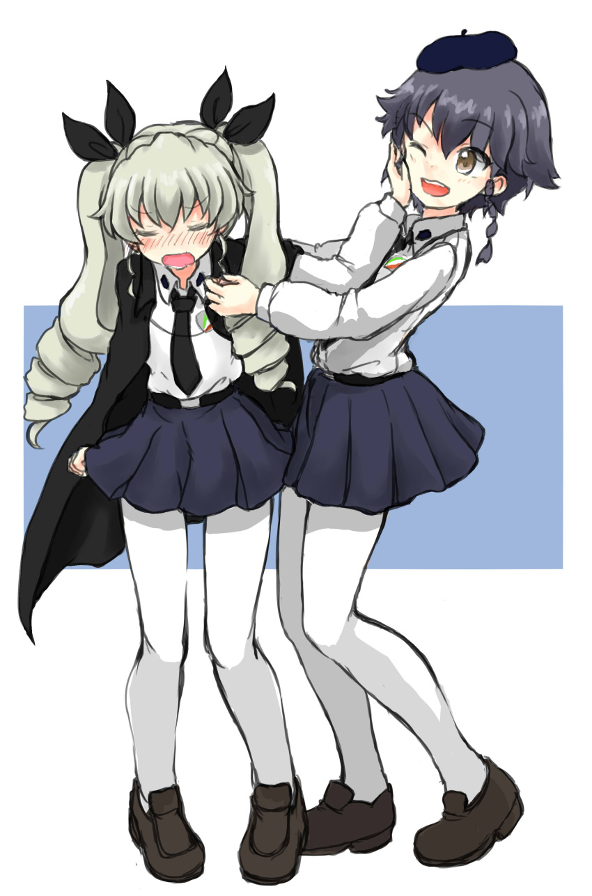2girls absurdres anchovy bangs belt beret black_cape black_hair black_hat black_necktie black_ribbon black_shoes black_skirt blue_background blush braid brown_eyes cape dress_shirt drill_hair embarrassed emblem eyebrows_visible_through_hair full_body girls_und_panzer green_hair hair_ribbon hand_on_another's_face hat highres imminent_hug light_frown loafers long_hair long_sleeves looking_at_another miniskirt multiple_girls necktie open_mouth pantyhose pepperoni_(girls_und_panzer) pleated_skirt pushing_away ribbon school_uniform shirt shoes short_hair side_braid skirt smile standing twin_drills twintails wabiushi white_background white_legwear white_shirt