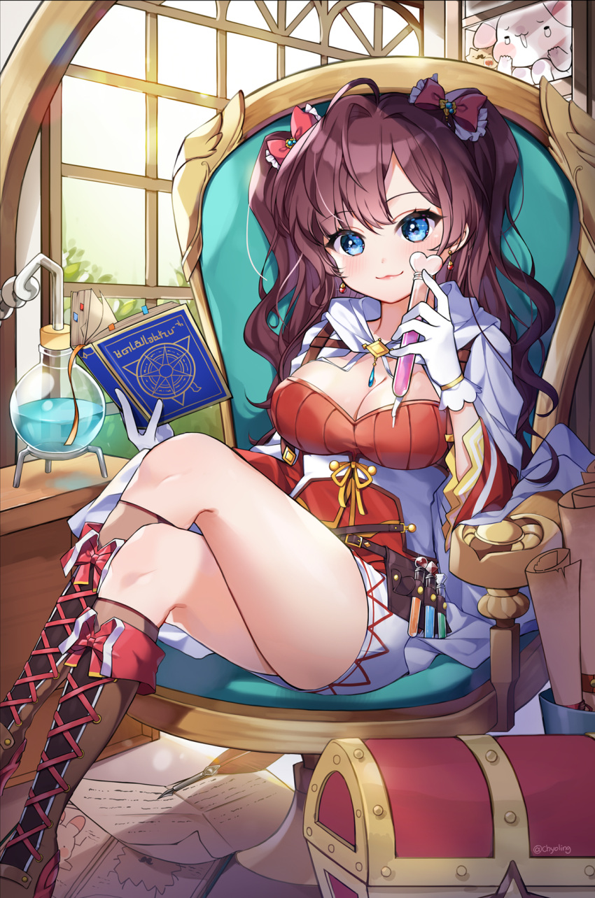 1girl :3 ahoge bare_legs blue_eyes blush book boots bow breasts brown_hair cape chest chyoling cleavage day earrings flask gloves hair_bow highres ichinose_shiki idolmaster idolmaster_cinderella_girls indoors jewelry large_breasts legs_crossed long_hair looking_at_viewer papers quill scroll sitting smile solo test_tube twintails wavy_hair white_gloves window