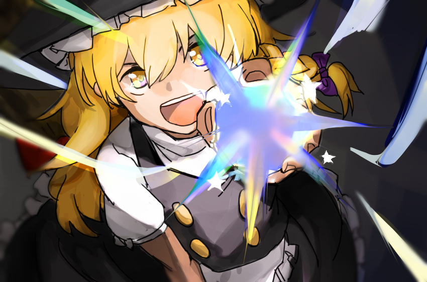 1girl blonde_hair braid dress firing from_above hat henpei_saboten kirisame_marisa long_hair looking_at_viewer magic open_mouth smile solo touhou witch_hat yellow_eyes