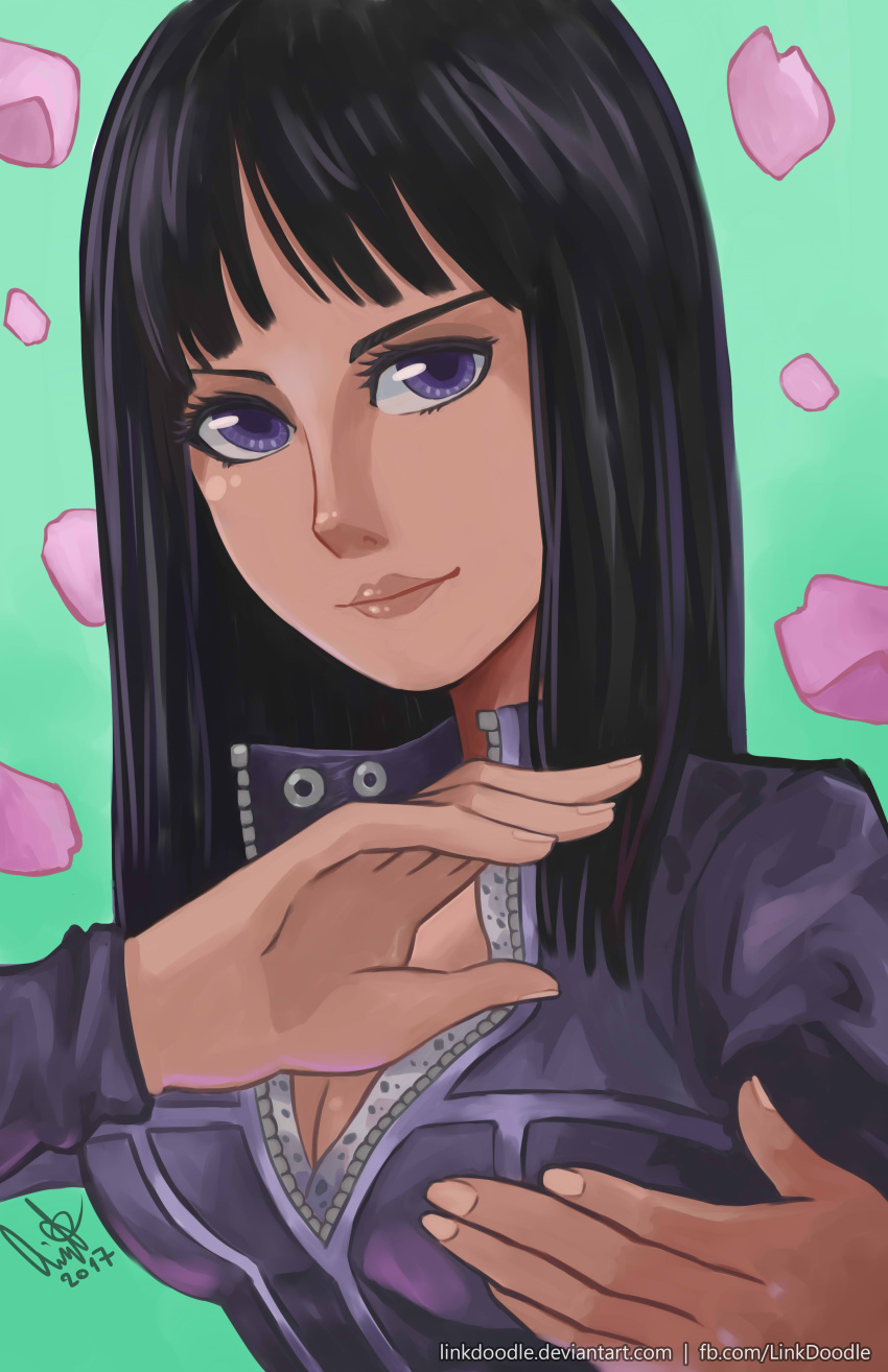 1girl 2017 absurdres bangs black_hair blue_eyes blunt_bangs breasts cleavage dark_skin deviantart_username eyelashes facebook_username fingernails hands_up high_collar highres light_smile linkdoodle lips long_hair long_sleeves looking_at_viewer nico_robin one_piece petals signature solo unzipped upper_body watermark web_address zipper