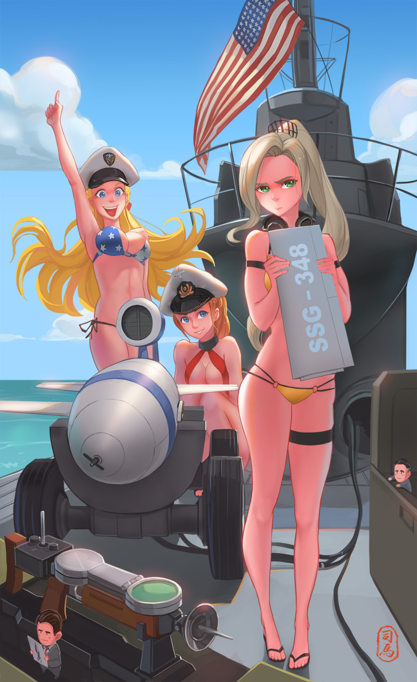 3girls :d american_flag american_flag_bikini bikini blonde_hair blue_eyes clouds commentary_request fairy_(kantai_collection) flag_print green_eyes hat headphones headphones_around_neck highres long_hair looking_at_viewer multiple_girls ocean open_mouth pacific peaked_cap pointing pointing_up ponytail pout red_bikini redhead rocket sandals sima_naoteng skindentation smile standing submarine swimsuit thigh_strap u-2513_(pacific) u-552_(pacific) uss_cusk_(ssg-384) watercraft yellow_bikini