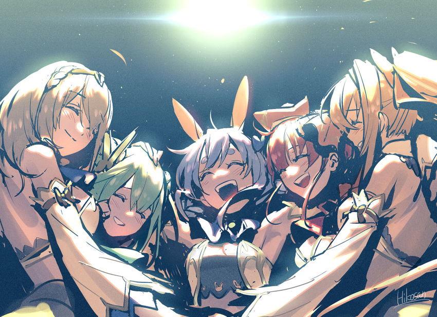 5girls ^_^ ^o^ animal_ears artist_name backless_dress backless_outfit blonde_hair blush breasts closed_eyes closed_mouth commentary detached_sleeves double_bun dress eyebrows_visible_through_hair green_hair grin hair_between_eyes hand_on_another's_head hikosan hololive hololive_fantasy houshou_marine hug idol light light_blue_hair long_hair medium_breasts medium_hair multiple_girls official_alternate_costume open_mouth ponytail profile rabbit_ears redhead shiranui_flare shirogane_noel short_hair signature silver_hair smile teeth thick_eyebrows tiara twintails upper_body upper_teeth uruha_rushia usada_pekora virtual_youtuber white_dress