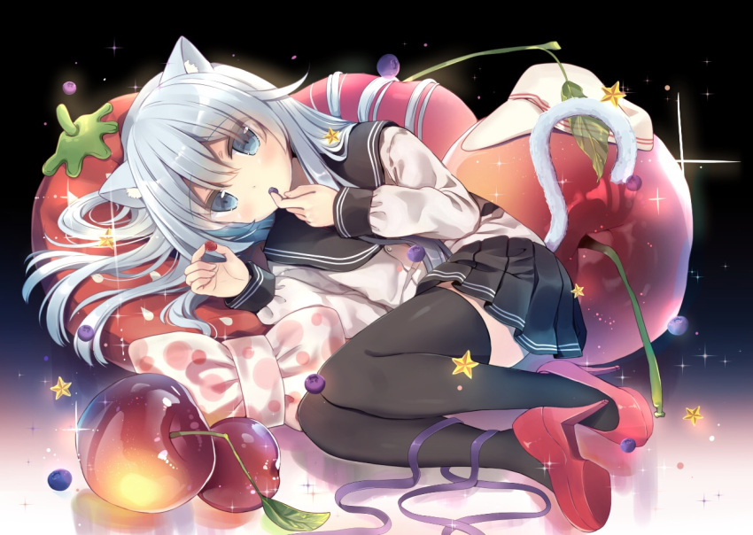 10s 1girl animal_ears black_legwear black_skirt blue_eyes blue_hair cat_ears cat_tail eyebrows_visible_through_hair food hat hat_removed headwear_removed hibiki_(kantai_collection) high_heels holding holding_food kantai_collection long_hair long_sleeves looking_at_viewer lying mitsuki_ponzu on_side skirt solo tail thigh-highs verniy_(kantai_collection) white_hat