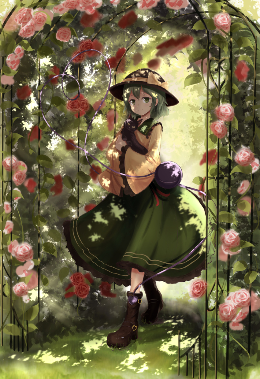 1girl animal black_cat black_hat boots bow brown_boots cat day flower green_eyes green_hair green_skirt hat hat_bow heart highres holding holding_animal komeiji_koishi long_sleeves looking_at_viewer outdoors pink_rose red_rose rose shirt skirt solo standing summer third_eye touhou wide_sleeves yellow_bow yellow_shirt yukitourou