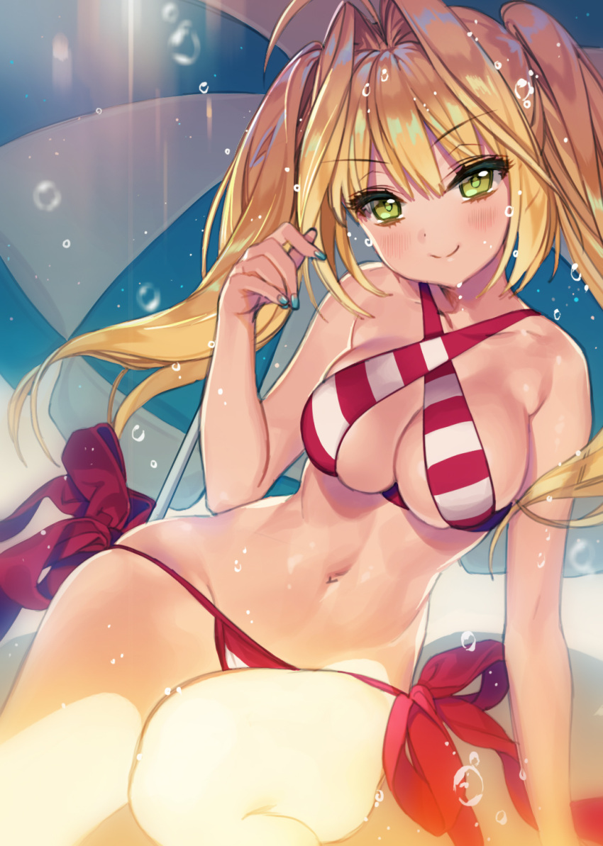 1girl ahoge aqua_nails arm_at_side arm_support bangs bare_arms bare_legs bare_shoulders beach beach_umbrella bikini blonde_hair blush breasts cherrypin cleavage closed_mouth collarbone commentary_request cowboy_shot criss-cross_halter day eyebrows_visible_through_hair eyelashes fate/extra fate/grand_order fate_(series) fingernails green_eyes groin hair_between_eyes hair_intakes halter_top halterneck hand_up highres jewelry large_breasts legs_together light_rays long_hair looking_at_viewer medium_breasts midriff nail_polish navel nero_claudius_(swimsuit_caster)_(fate) outdoors saber_extra side-tie_bikini sidelocks skindentation smile solo stomach striped striped_bikini striped_umbrella swimsuit twintails umbrella under_boob water water_drop