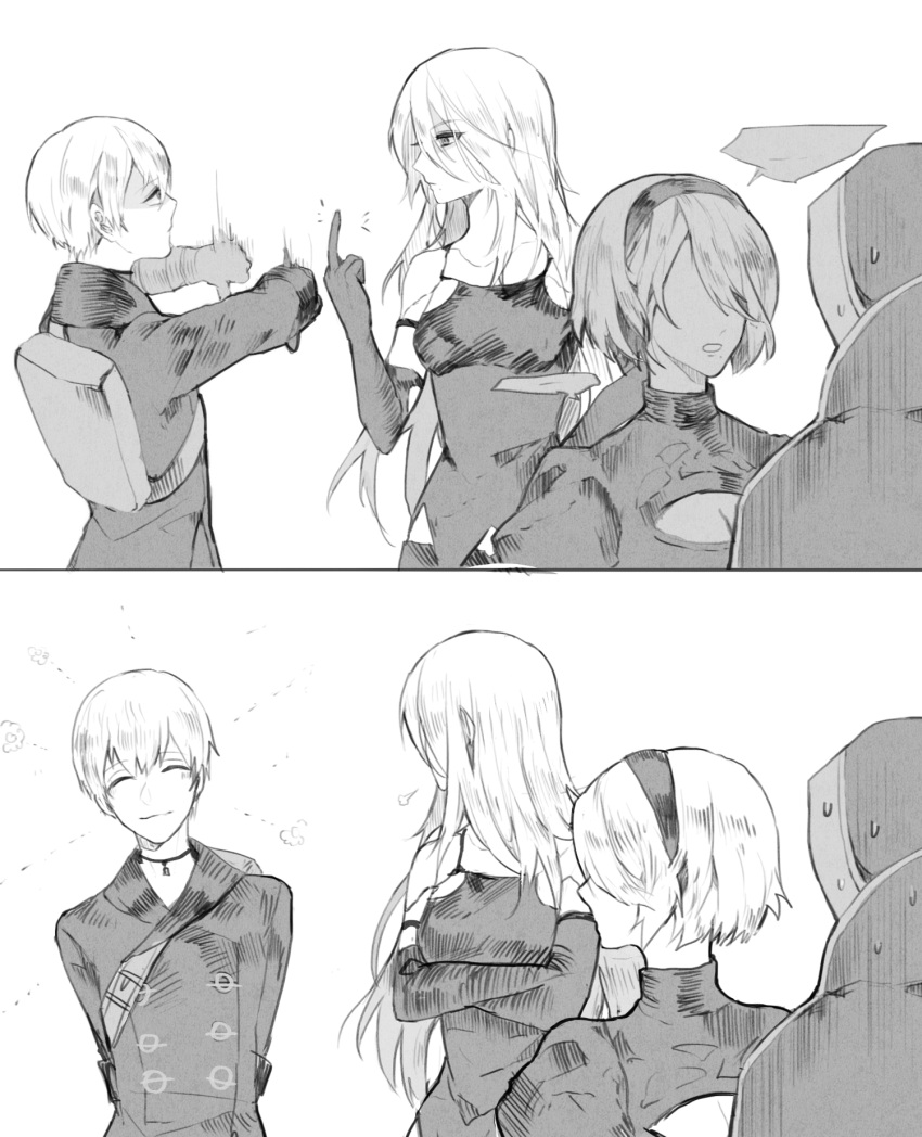 1boy 2girls android bare_shoulders black_gloves blush breasts closed_eyes elbow_gloves gloves headband highres long_hair middle_finger mole mole_under_mouth monochrome multiple_girls nier_(series) nier_automata pullssack short_hair silver_hair smile yorha_no._2_type_b yorha_no._9_type_s yorha_type_a_no._2