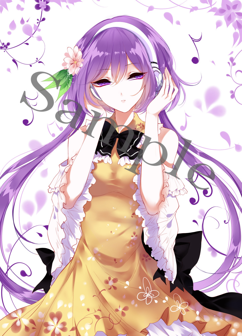 1girl absurdres bare_shoulders bow dress flower frills hair_flower hair_ornament headphones highres low_twintails musical_note purple_hair sample sheya touhou tsukumo_benben twintails violet_eyes wide_sleeves yellow_dress