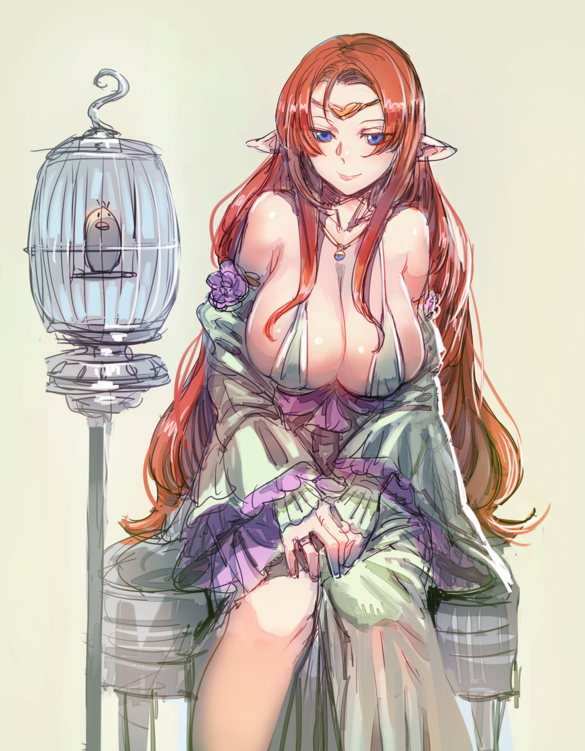 1girl bare_shoulders bird birdcage blue_eyes bow_(bhp) breasts cage cleavage dress elf highres jewelry large_breasts long_hair necklace original pointy_ears redhead simple_background sketch smile solo very_long_hair yellow_background