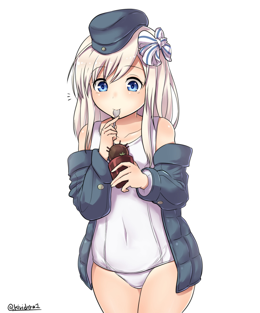 10s 1girl absurdres blonde_hair blue_eyes covered_navel cowboy_shot eating food garrison_cap grey_jacket hair_ribbon hat highres ice_cream jacket kantai_collection kiritto long_hair long_sleeves open_clothes open_jacket puffy_long_sleeves puffy_sleeves ribbon school_swimsuit simple_background solo spoon swimsuit twitter_username u-511_(kantai_collection) white_background white_school_swimsuit white_swimsuit