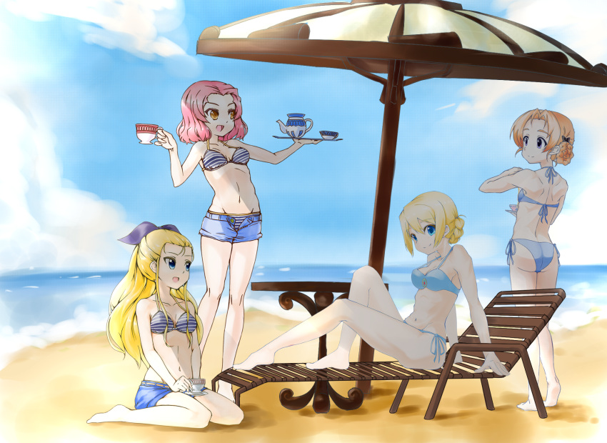 4girls arm_support assam bangs beach beach_chair beach_umbrella bikini black_bow black_ribbon blonde_hair blue_bikini blue_eyes blue_shorts bow braid breasts brown_eyes closed_mouth clouds cloudy_sky commentary_request cup darjeeling day denim denim_shorts from_behind girls_und_panzer hair_bow hair_pulled_back hair_ribbon highres holding leaning_back long_hair looking_at_another looking_at_viewer lying medium_breasts multiple_girls navel ocean on_back open_mouth orange_hair orange_pekoe outdoors parted_bangs redhead ribbon rosehip sand saucer shade short_hair short_shorts shorts side-tie_bikini sitting sky smile standing striped striped_bikini swimsuit teacup tied_hair toon_(noin) tray twin_braids umbrella unzipped wariza