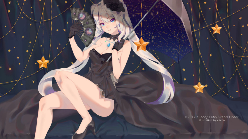 1girl 2017 artist_name bare_shoulders black_dress black_gloves black_rose black_shoes blue_eyes blush breasts constellation copyright_name curtains dress elleco_(bcf159) english eyebrows_visible_through_hair fan fate/grand_order fate_(series) floral_print flower folding_fan gloves hair_between_eyes hair_flower hair_ornament head_tilt high_heels highres holding holding_fan holding_umbrella jewelry long_hair looking_at_viewer marie_antoinette_(fate/grand_order) medium_breasts necklace number parted_lips rose shoes sitting smile solo star strapless strapless_dress twintails umbrella very_long_hair white_hair