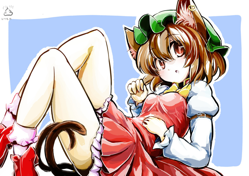 1girl animal_ears azumaya_toushirou bangs blush bow bowtie brown_eyes brown_hair cat_ears cat_tail chen earrings eyebrows_visible_through_hair green_hat hair_between_eyes hat highres jewelry juliet_sleeves long_sleeves looking_at_viewer mob_cap open_mouth puffy_sleeves red_shoes shoes short_hair socks solo tail touhou white_legwear yellow_bow yellow_bowtie
