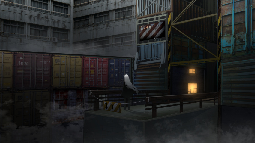 1girl asuteroid black_dress building construction_site container dress fog from_behind gate highres iz_(asuteroid) long_hair original scenery solo standing translated white_hair