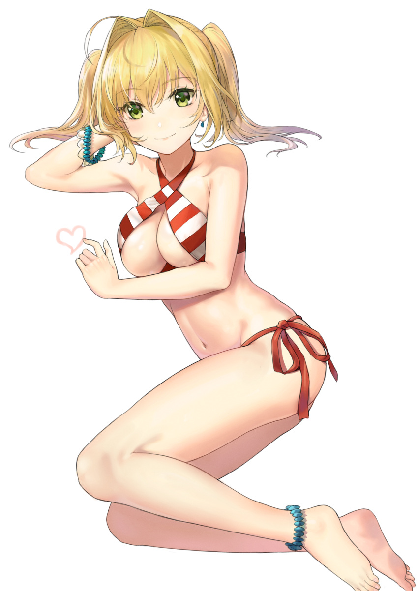 1girl absurdres ahoge anklet bangs bare_arms bare_legs bare_shoulders barefoot bead_bracelet beads bikini blonde_hair blush bracelet breasts cleavage closed_mouth collarbone criss-cross_halter earrings eyebrows_visible_through_hair eyelashes fate/extra fate/grand_order fate_(series) feet full_body green_eyes groin hair_between_eyes hair_intakes halter_top halterneck hand_on_head head_rest heart highres jewelry large_breasts legs legs_together leon_v long_hair looking_at_viewer lying medium_breasts midriff navel nero_claudius_(swimsuit_caster)_(fate) on_side saber_extra side-tie_bikini sidelocks smile solo stomach striped striped_bikini swimsuit toes twintails under_boob