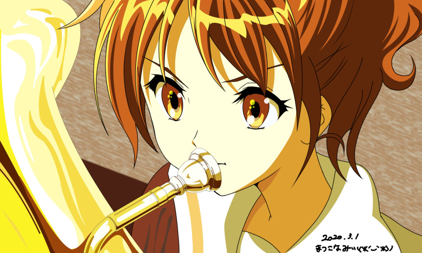 1girl abstract_background artist_name brown_eyes brown_hair close-up commentary_request dated euphonium expressionless eyebrows flat_color forehead hibike!_euphonium highres instrument kitauji_high_school_uniform looking_to_the_side matsuko_namii mouthpiece music oumae_kumiko playing_instrument sailor_collar school_uniform short_hair solo upper_body white_sailor_collar