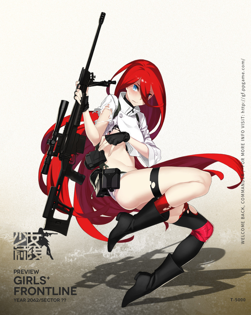 1girl 92m ass black_gloves black_legwear blue_eyes blush boots breasts bright_pupils covering covering_breasts crop_top eyes_visible_through_hair fingerless_gloves full_body girls_frontline gloves gun hair_between_eyes highres long_hair looking_at_viewer medium_breasts midriff navel official_art parted_lips pouch red_legwear redhead rifle short_shorts shorts single_sock single_thighhigh sniper_rifle socks solo sweatdrop t-5000_(girls_frontline) thigh-highs thigh_strap torn_clothes very_long_hair weapon