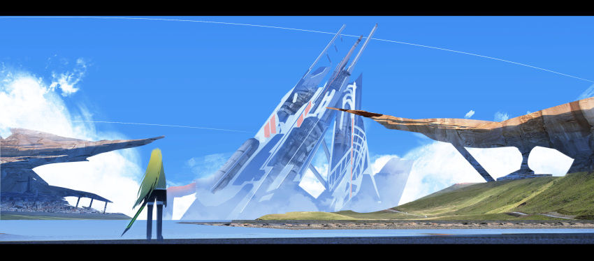 1girl asuteroid blonde_hair blue blue_sky building cliff clouds fantasy from_behind highres holding holding_sword holding_weapon lake long_hair original pants ruins scenery science_fiction shirt sky solo standing sword weapon