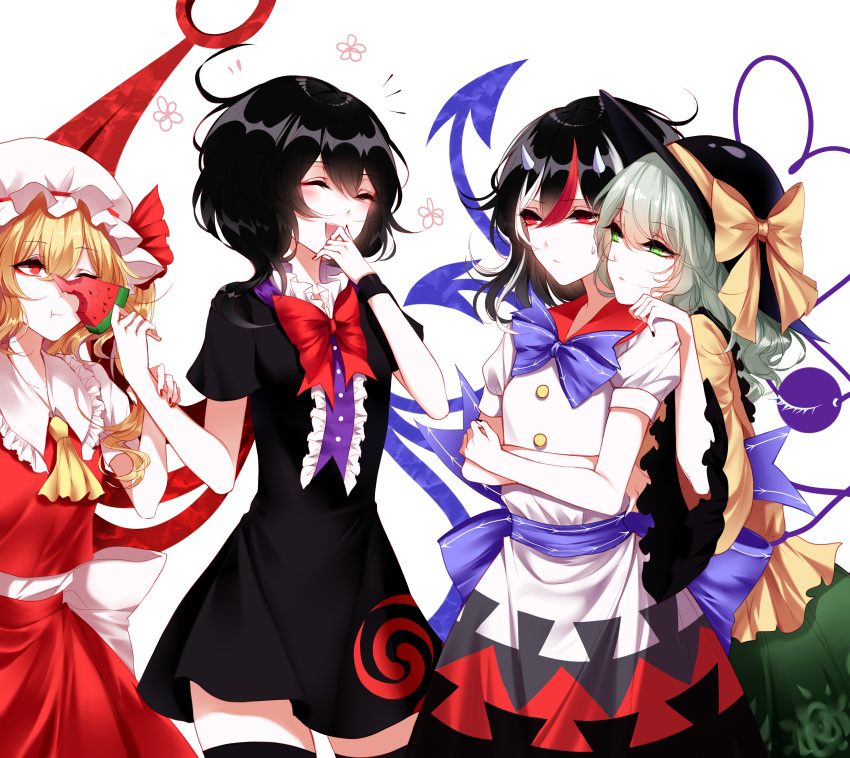 4girls absurdres ascot asymmetrical_wings black_dress black_hair black_legwear blonde_hair bow closed_eyes directional_arrow dress flandre_scarlet food frilled_shirt_collar frills green_eyes green_hair hat highres horns houjuu_nue kijin_seija komeiji_koishi mob_cap multicolored_hair multiple_girls one_eye_closed popsicle red_eyes redhead sash sheya streaked_hair thigh-highs third_eye touhou watermelon_bar wide_sleeves wings wristband zettai_ryouiki