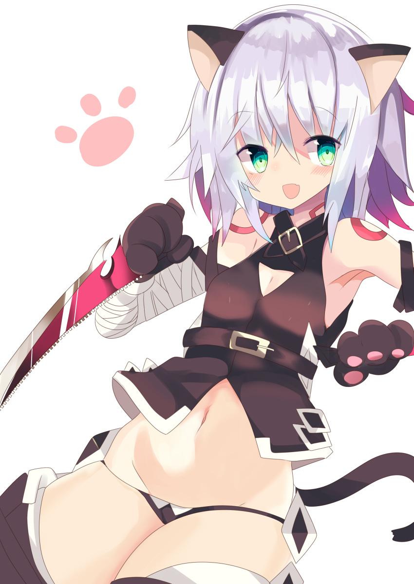 1girl :d absurdres animal_ears armpits assassin_of_black bandage bandaged_arm bangs belt blush cat_ears cowboy_shot eyebrows_visible_through_hair fate/apocrypha fate_(series) gloves green_eyes hair_between_eyes highres holding holding_weapon looking_at_viewer navel open_mouth paw_gloves paw_print paws short_hair simple_background smile solo te_toga weapon white_background white_hair