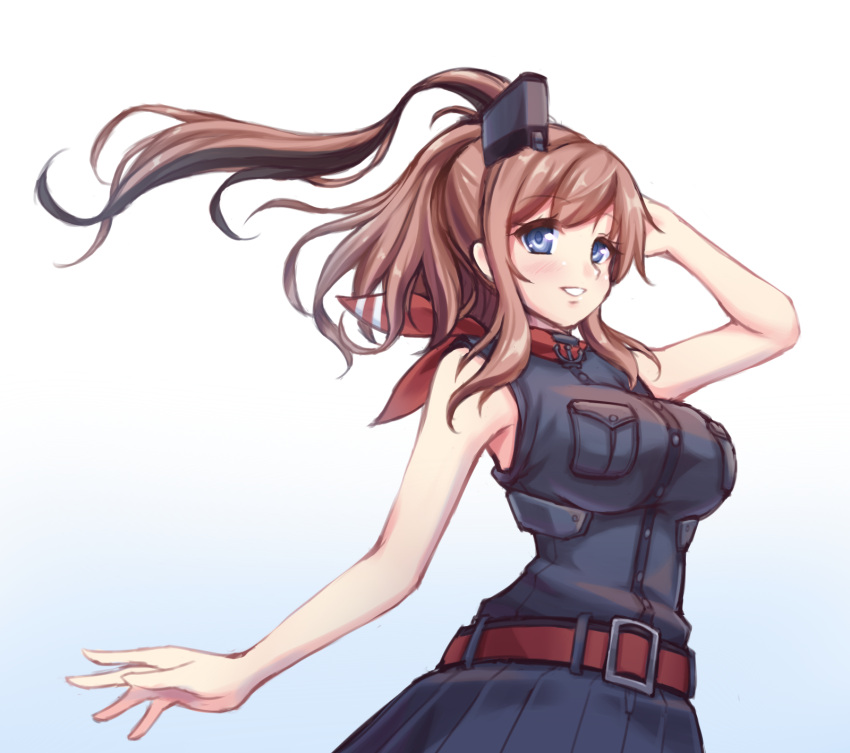 10s 1girl anchor black_dress blue_eyes breast_pocket breasts brown_hair dress highres kantai_collection large_breasts long_hair looking_at_viewer neckerchief parted_lips pocket ponytail red_belt red_neckerchief remodel_(kantai_collection) saratoga_(kantai_collection) shokuane side_ponytail sidelocks simple_background smile solo upper_body white_background