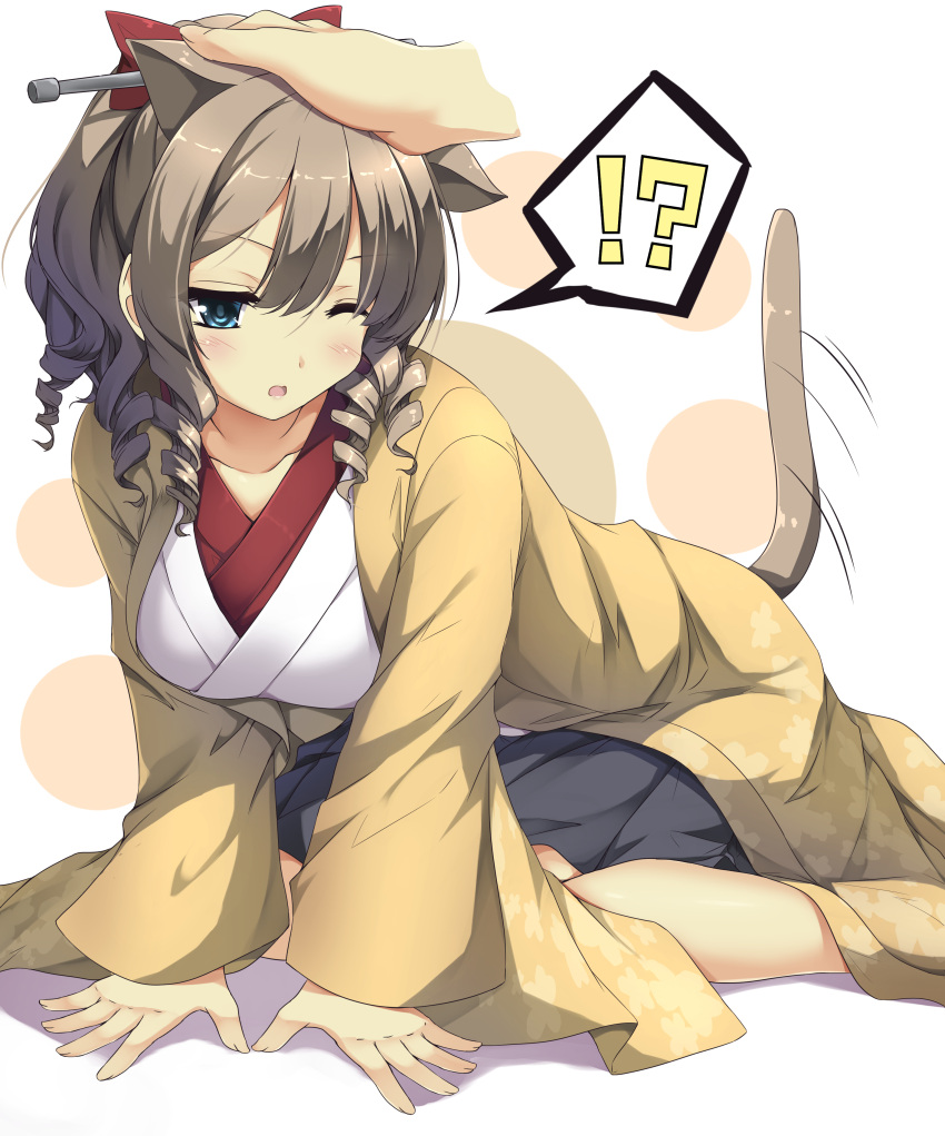 !? 10s 1girl 3; absurdres all_fours animal_ears blue_eyes blush bow breasts brown_hair cat_ears cat_tail drill_hair full_body hair_between_eyes hair_bow hatakaze_(kantai_collection) high_ponytail highres japanese_clothes kantai_collection kemonomimi_mode kimono large_breasts motion_lines one_eye_closed petting red_bow sheita short_ponytail solo_focus spoken_interrobang tail