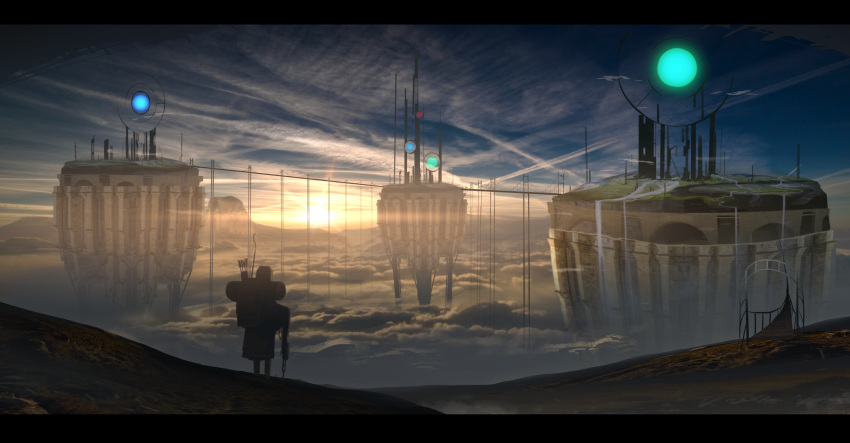 above_clouds arrow asuteroid backpack bag blue_sky bow_(weapon) bridge building clouds cloudy_sky fantasy floating_island from_behind highres magic original quiver railing river scenery sky standing sunrise tent water waterfall weapon