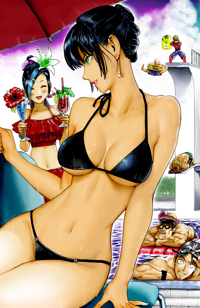 2girls 4boys :d arm_support bikini black_hair black_sclera blonde_hair character_request closed_eyes clouds colored drink earrings fubuki_(one-punch_man) genos goggles grin hair_flowwer hat highres jewelry jumping life_vest lying multiple_boys multiple_girls murata_yuusuke navel on_side one-punch_man open_mouth pool profile saitama_(one-punch_man) shorts sitting sky smile spread_legs straw_hat sunglasses swimsuit the_golden_smurf