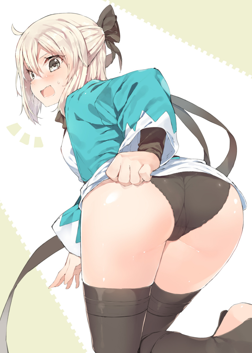 /\/\/\ 1girl absurdres ahoge arm_at_side arm_behind_back arm_guards ass bangs bent_over black_bow black_legwear black_panties black_scarf blonde_hair blush bow breasts clothes_tug cowboy_shot embarrassed eyebrows_visible_through_hair fate_(series) fingernails from_behind grey_eyes hair_between_eyes hair_bow hair_ornament half_updo haori heart heart-shaped_pupils highres japanese_clothes kimono koba koha-ace leg_up legs_together light_brown_hair looking_at_viewer looking_back one_leg_raised open_mouth panties ponytail sakura_saber sash scarf shinsengumi shiny shiny_skin short_hair short_kimono sleeves small_breasts solo standing standing_on_one_leg sweatdrop symbol-shaped_pupils thick_thighs thigh-highs thighs toeless_legwear turtleneck twisted_neck underwear white_kimono yellow_eyes