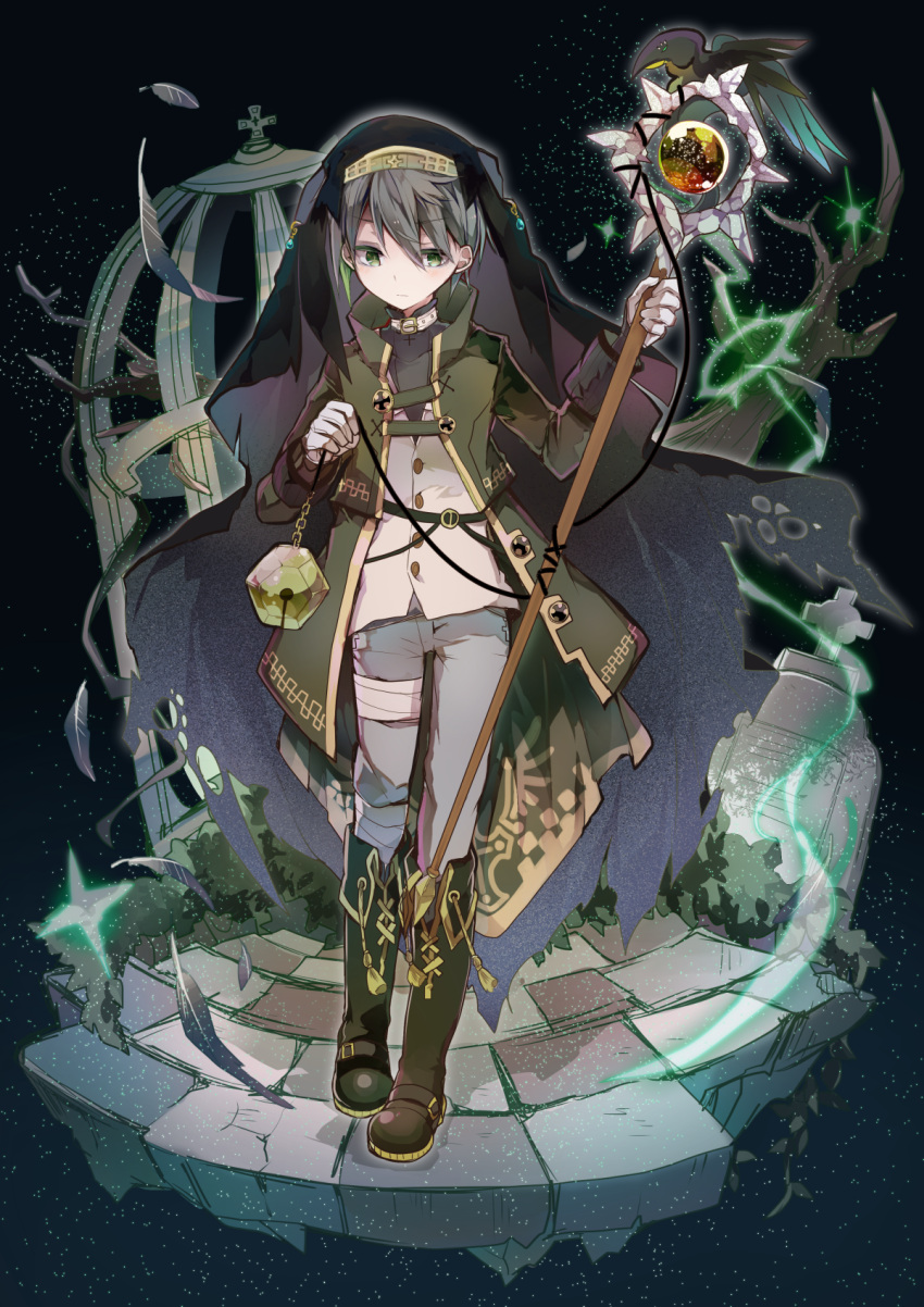 1boy bandage bandaged_leg blue_pants blush boots buttons cage choker closed_mouth cyawa eyebrows_visible_through_hair fantasy feathers full_body gloves green_eyes green_jacket grey_hair hair_between_eyes headband highres holding holding_staff jacket knee_boots long_sleeves looking_down magic male_focus open_clothes open_jacket original pants shirt solo staff standing stone_floor tombstone veil walking white_gloves white_shirt