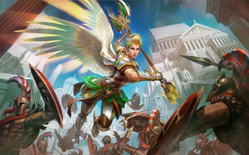 1girl armor armored_boots beard blonde_hair boots building faceless faceless_male facial_hair feathered_wings gauntlets gloves green_eyes helmet highres nike_(smite) official_art polearm shield short_hair simon_eckert sky smite solo spear sword teeth weapon wings