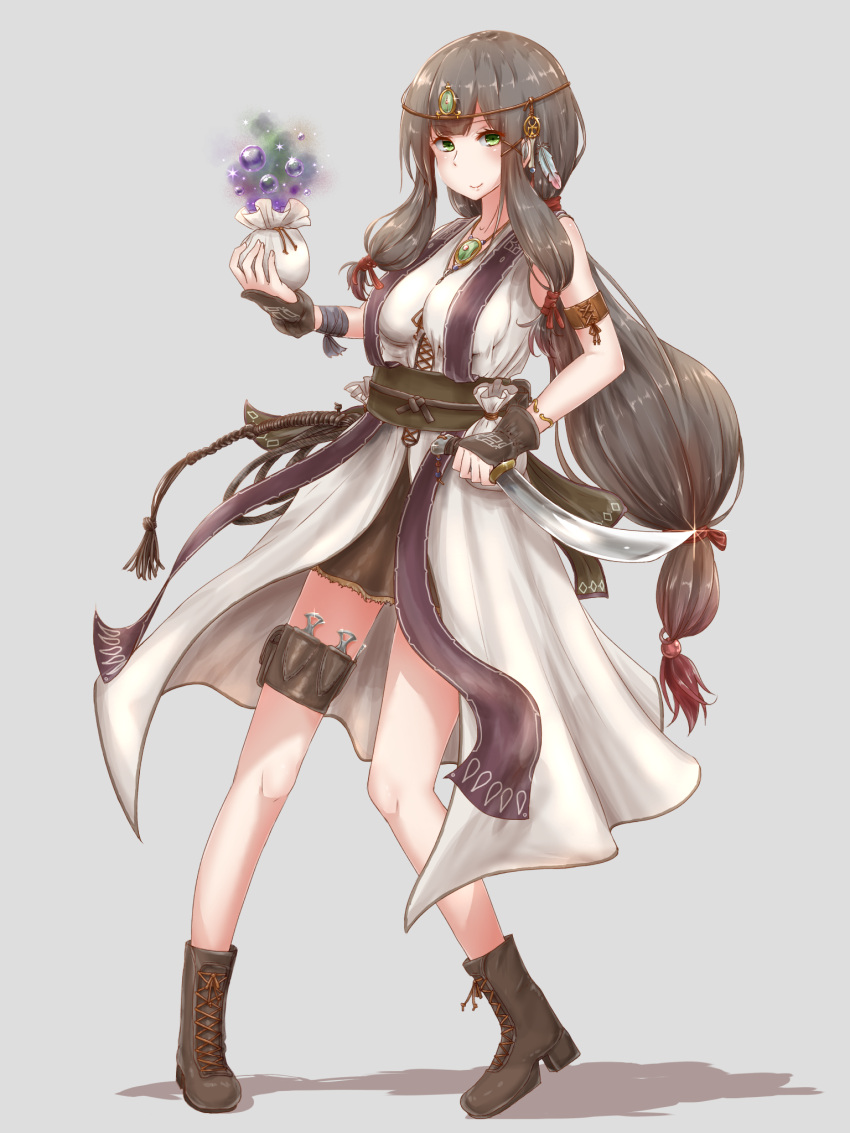armlet boots brown_boots brown_hair caravan_stories feathers fingerless_gloves full_body glint gloves green_eyes grey_background hair_feathers hair_ornament highres holding holding_sword holding_weapon jewelry kunai long_hair looking_at_viewer low-tied_long_hair necklace pouch raayu_(0u_rayu) smile standing sword thigh_strap very_long_hair weapon whip