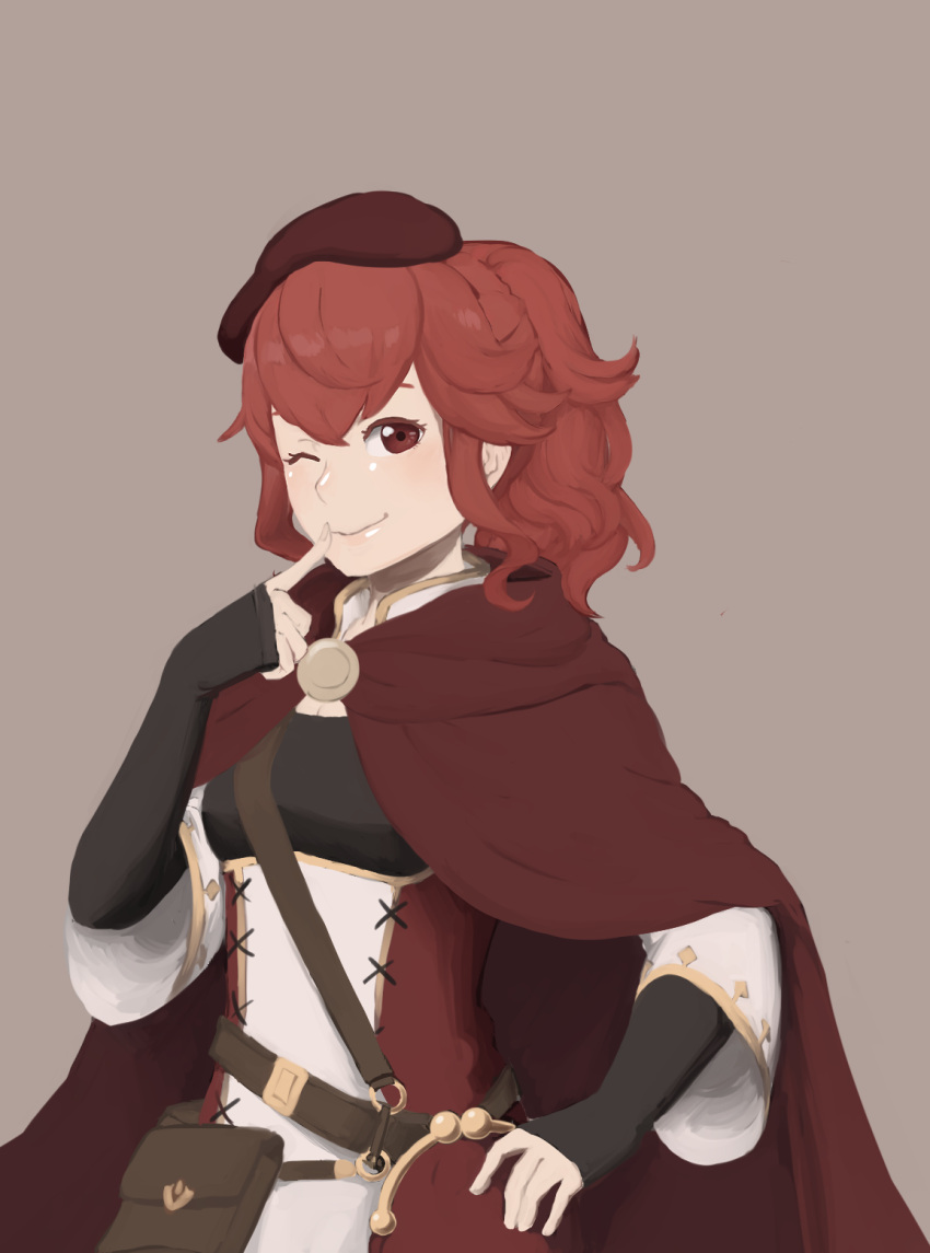 1girl anna_(fire_emblem) cloak curly_hair fingerless_gloves fire_emblem fire_emblem:_kakusei fire_emblem_if gloves grey_background grin highres kkonisa looking_at_viewer one_eye_closed pouch red_eyes redhead simple_background smile