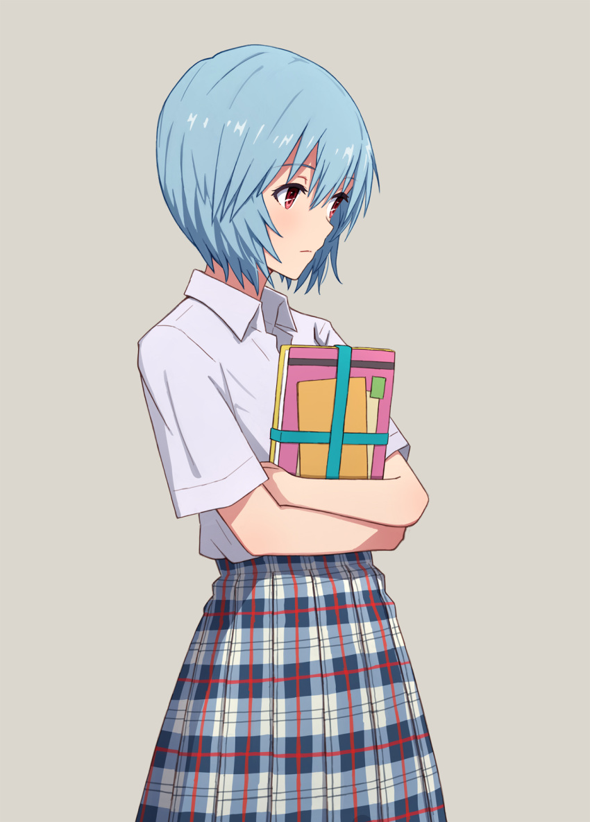 1girl ayanami_rei blue_hair book closed_mouth collared_shirt eyebrows_visible_through_hair highres holding holding_book looking_away neon_genesis_evangelion plaid plaid_skirt red_eyes shirt short_hair skirt solo yahiro_(epicopeiidae)