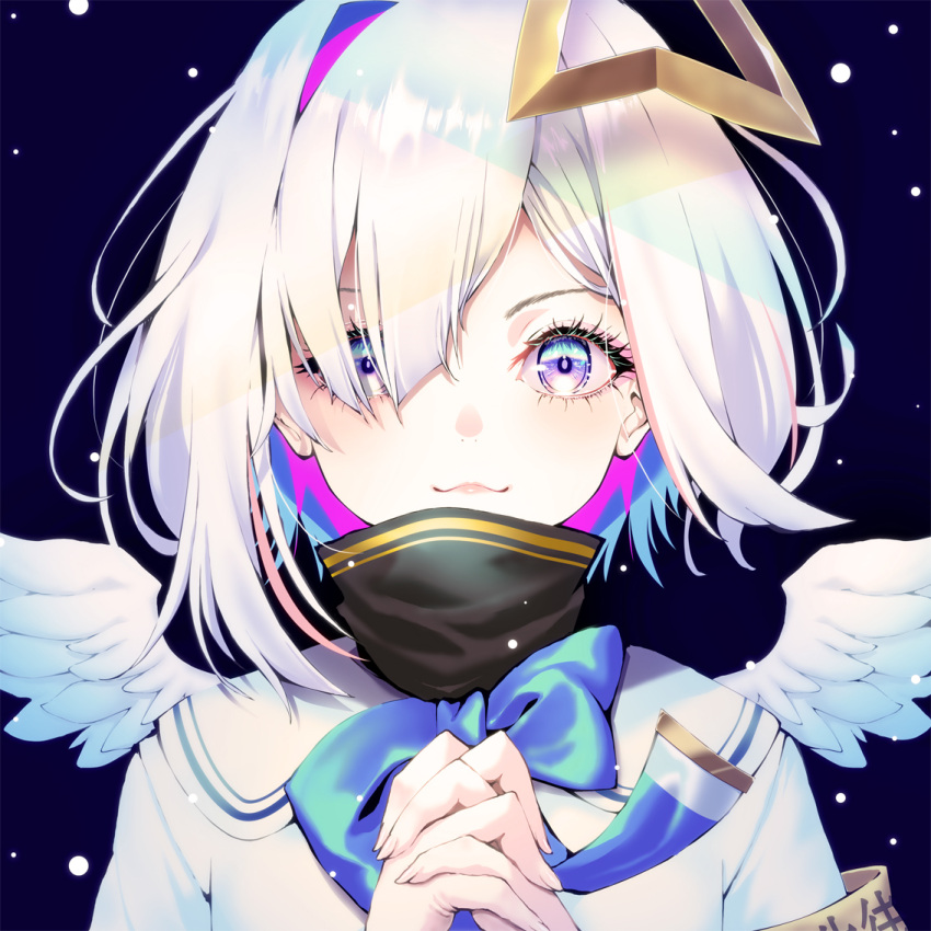 1girl :3 amane_kanata angel_wings armband blue_eyes blue_hair blue_neckwear hair_over_one_eye halo hands_together hololive kubota_masaki multicolored multicolored_eyes multicolored_hair multiple_views pink_hair purple_hair shirt solo star_(symbol) streaked_hair upper_body violet_eyes virtual_youtuber white_hair white_shirt wings