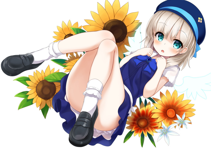 1girl :o aqua_ribbon bangs black_shoes blue_bow blue_bowtie blue_shirt blue_skirt blunt_bangs bow bowtie brooch collarbone commentary_request eyebrows_visible_through_hair flower frilled_skirt frills full_body gem green_eyes hands_up hat hat_ribbon highres jewelry knees_together_feet_apart leaf1031 legs light_brown_hair loafers looking_at_viewer miniskirt open_mouth orange_flower original ribbon sash shirt shoes short_hair short_sleeves simple_background skirt socks solo sunflower white_background white_flower white_hat white_legwear