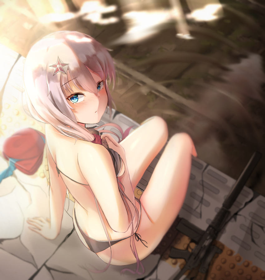 1girl 9a-91_(girls_frontline) absurdres bangs bikini black_bikini blue_eyes blurry blush breasts closed_mouth depth_of_field eyebrows_visible_through_hair from_above girls_frontline hair_between_eyes hand_on_own_chest highres long_hair looking_at_viewer looking_back ripples septet_(zrca_janne) side-tie_bikini silver_hair sitting small_breasts solo swimsuit tsurime