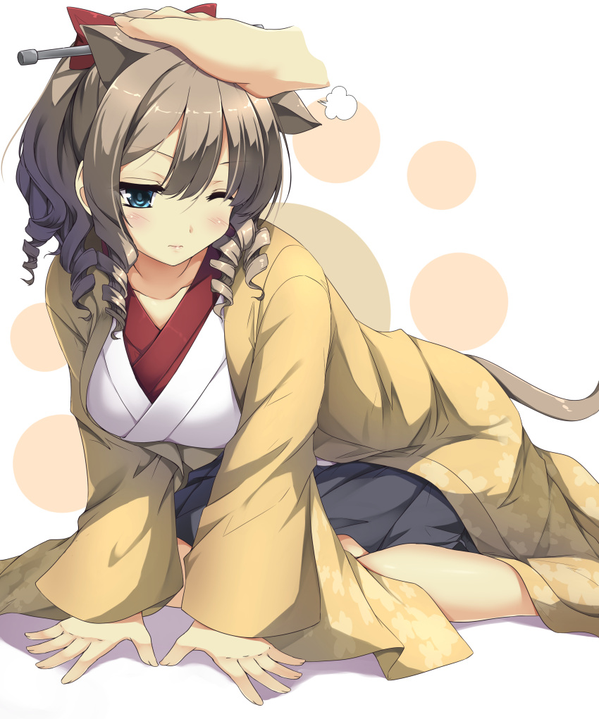 10s 1girl 3;&lt; absurdres all_fours animal_ears blue_eyes blush bow breasts brown_hair cat_ears cat_tail drill_hair full_body fume hair_between_eyes hair_bow hatakaze_(kantai_collection) high_ponytail highres japanese_clothes kantai_collection kemonomimi_mode kimono large_breasts one_eye_closed petting red_bow sheita short_ponytail solo_focus tail