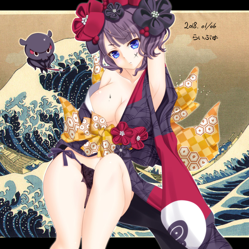 1girl arm_up black_hair blue_eyes breasts cleavage closed_mouth commentary_request face_painting fate/grand_order fate_(series) fine_art_parody flower fundoshi hair_flower hair_ornament hanetsuki highres ink japanese_clothes kanagawa_okinami_ura katsushika_hokusai_(fate/grand_order) kimono letterboxed looking_at_viewer medium_breasts obi octopus off_shoulder paintbrush parody runasion sash short_hair solo waving