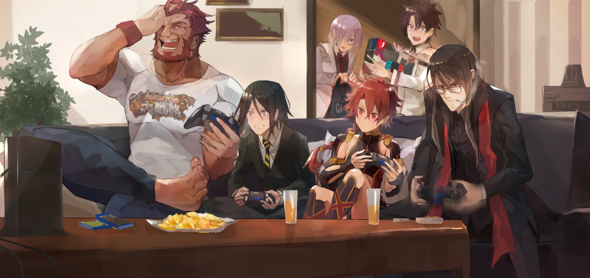 1girl 5boys :d ^_^ alexander_(fate/grand_order) bangs beard black-framed_eyewear black_dress black_hair black_necktie blue_eyes braid brown_hair chips cigarette closed_eyes controller couch cup dress drink drinking_glass facial_hair fate/grand_order fate/zero fate_(series) food formal fujimaru_ritsuka_(male) game_console game_controller glasses grey_eyes hair_between_eyes hair_over_one_eye hands_up highres holding holding_bag hood hoodie indian_style indoors laughing legs_crossed living_room long_hair lord_el-melloi_ii mono_(jdaj) motion_blur multiple_boys muscle necktie nintendo_switch on_couch open_clothes open_hoodie open_mouth playing_games playstation_4 potato_chips purple_hair red_eyes redhead rider_(fate/zero) semi-rimless_glasses shielder_(fate/grand_order) shirt sidelocks single_braid sitting smile smoking spiky_hair striped striped_necktie suit t-shirt tears teeth tuxedo under-rim_glasses uniform violet_eyes waver_velvet