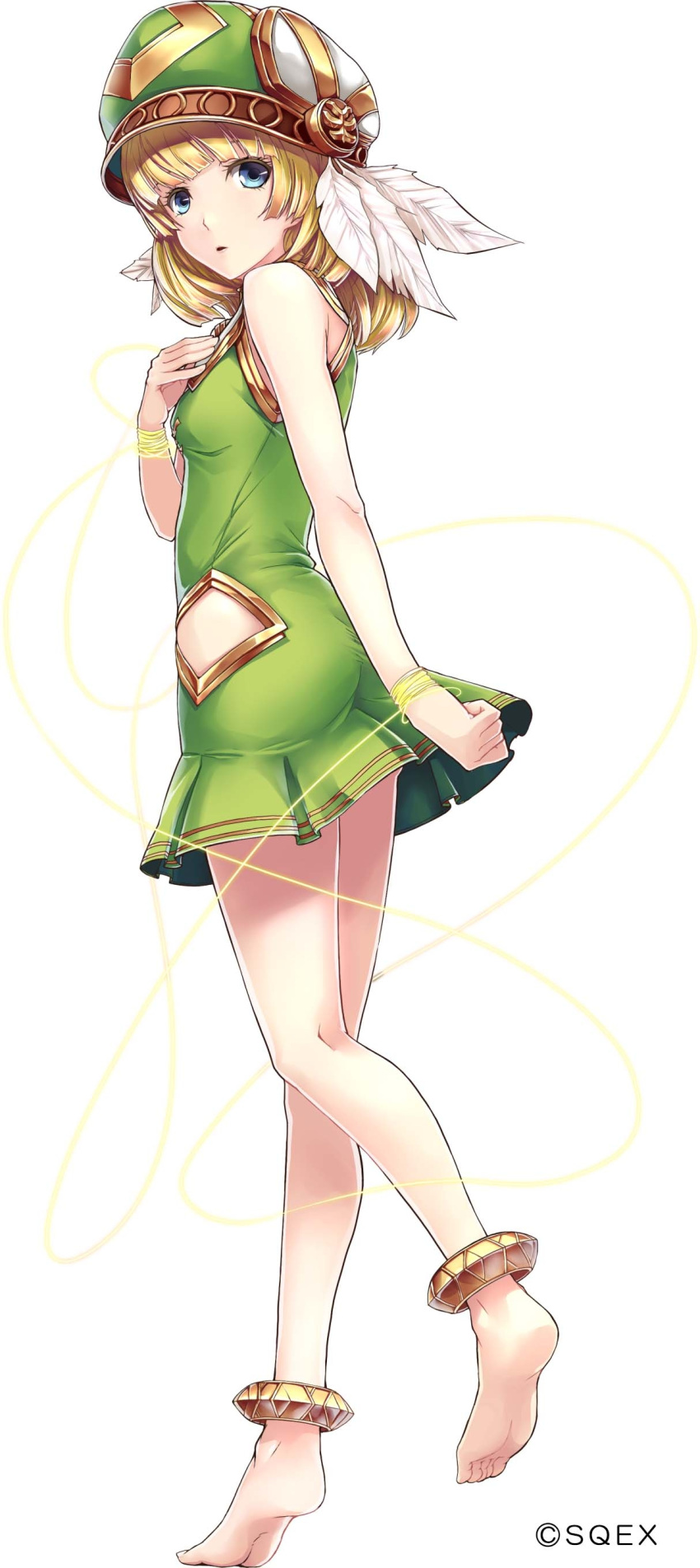 1girl absurdres bangs bare_shoulders barefoot blonde_hair blue_eyes breasts copyright_name dress feathers feet full_body green_dress hand_on_own_chest hat highres long_hair looking_at_viewer looking_back official_art parted_lips short_dress simple_background sleeveless sleeveless_dress small_breasts soles solo standing valkyrie_profile valkyrie_profile_anatomia white_background