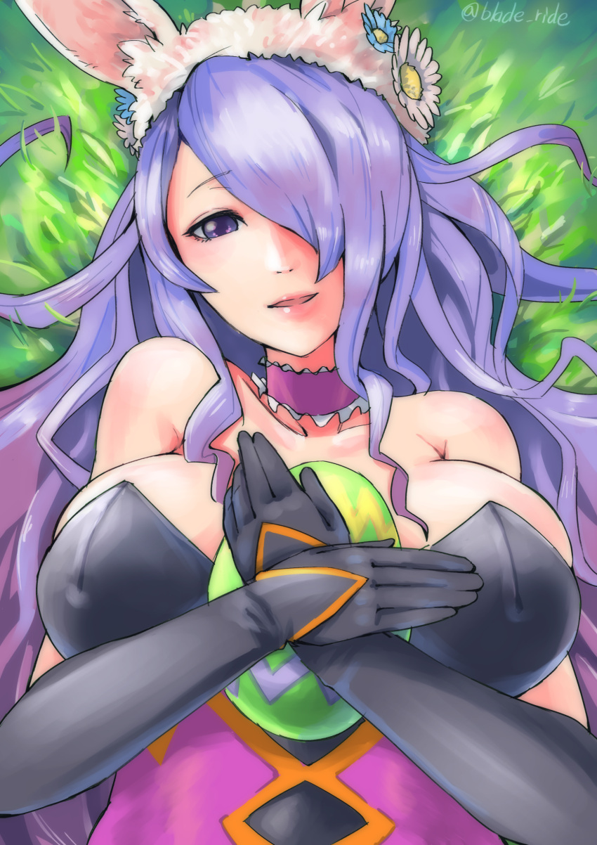 1girl animal_ears blade_ride breasts bunny_girl bunny_tail bunnysuit camilla_(fire_emblem_if) cleavage detached_collar egg fake_animal_ears fire_emblem fire_emblem_heroes fire_emblem_if hair_over_one_eye highres large_breasts lips long_hair looking_at_viewer purple_hair rabbit_ears smile solo tail very_long_hair violet_eyes