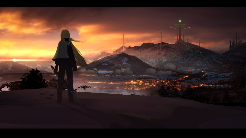 1girl asuteroid blonde_hair capelet city dark fantasy footprints highres holding holding_sword holding_weapon horizon long_hair looking_at_viewer low-tied_long_hair mountain mountainous_horizon orange_sky original pants red_eyes scenery science_fiction sky snow solo sun sunrise sword tower weapon white_capelet