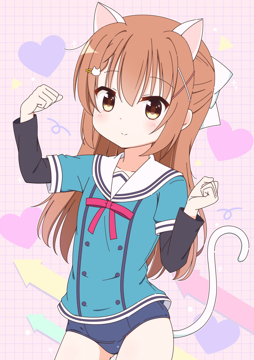 1girl animal_ears blush brown_eyes brown_hair cat_ears cat_tail character_request closed_mouth copyright_request eyebrows_visible_through_hair hair_ornament hairclip highres kurea_(a114019) looking_at_viewer smile solo tail x_hair_ornament