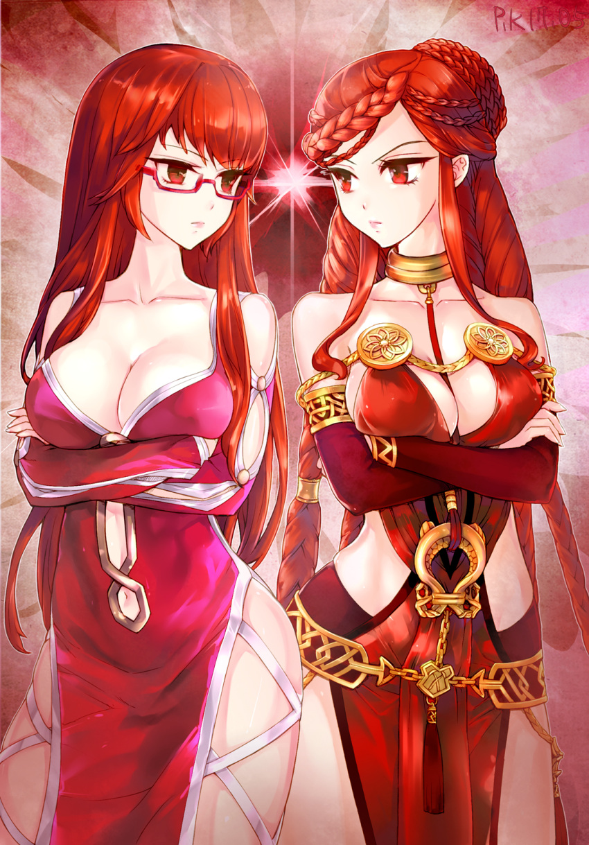 2girls armlet artist_name bare_shoulders between_breasts braid breast_hold breasts cleavage collar contrapposto cowboy_shot crossed_arms dated detached_sleeves dress drill_hair eye_contact glasses gold highres hips large_breasts long_hair looking_at_another mabinogi multiple_braids multiple_girls navel navel_cutout pelvic_curtain pukel red-framed_eyewear red_dress red_eyes redhead semi-rimless_glasses side_slit skindentation stare_down under-rim_glasses very_long_hair