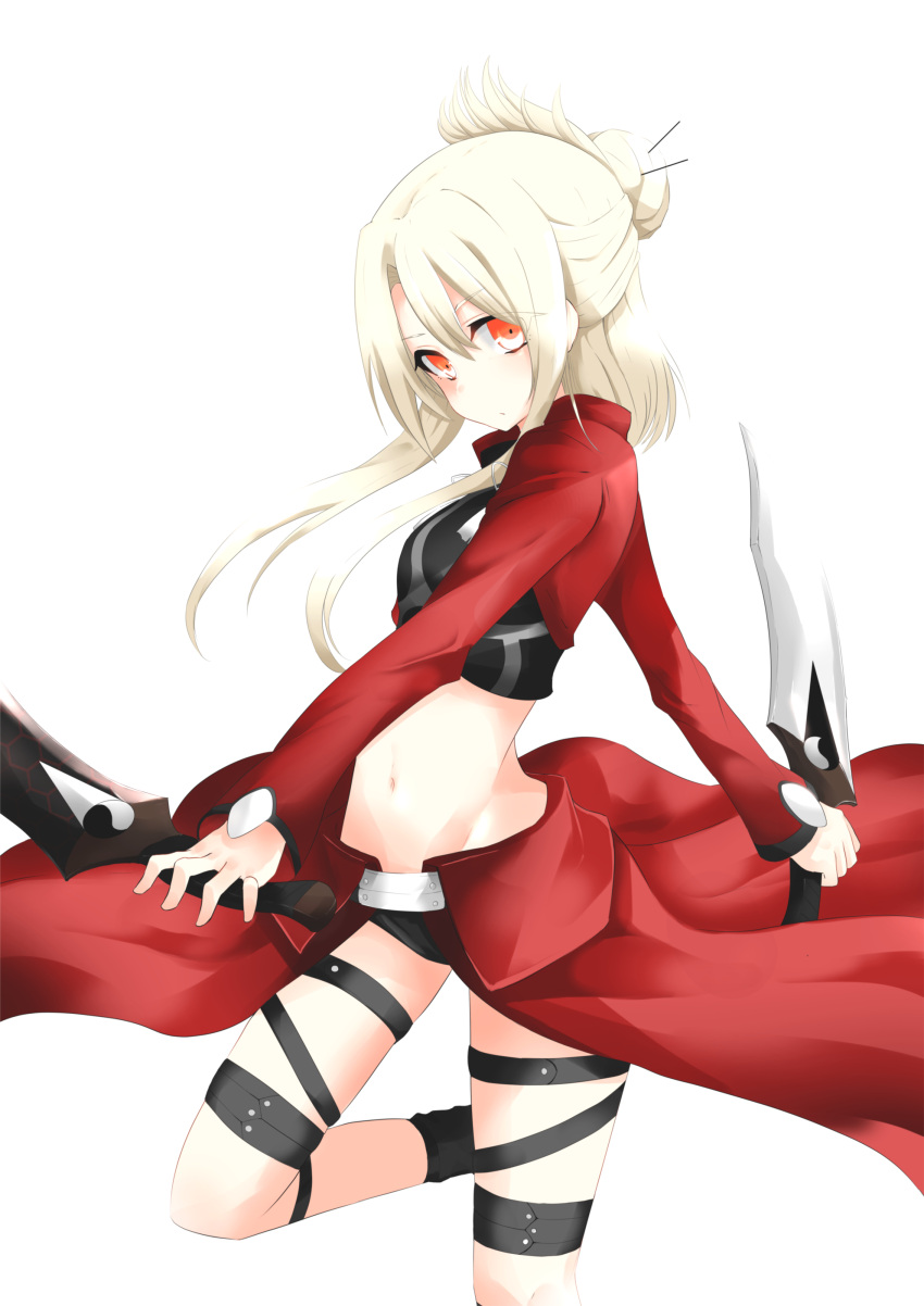 1girl absurdres archer archer_(cosplay) black_panties cosplay crop_top dual_wielding eyebrows_visible_through_hair fate/kaleid_liner_prisma_illya fate_(series) fuu_(fuore) groin hair_between_eyes hair_ornament highres holding holding_sword holding_weapon illyasviel_von_einzbern looking_at_viewer midriff navel one_leg_raised orange_eyes panties short_hair_with_long_locks sidelocks silver_hair simple_background solo standing standing_on_one_leg stomach sword thigh_strap underwear weapon white_background