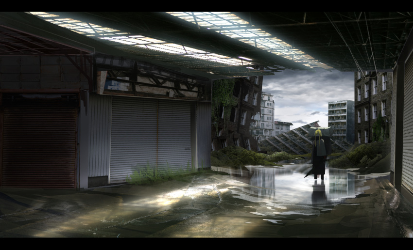 1girl asuteroid backpack bag bangs blonde_hair building city clouds cloudy_sky dress highres indoors long_dress long_hair neon_lights original post-apocalypse puddle reflection ruins scenery sky soaking_feet solo tent