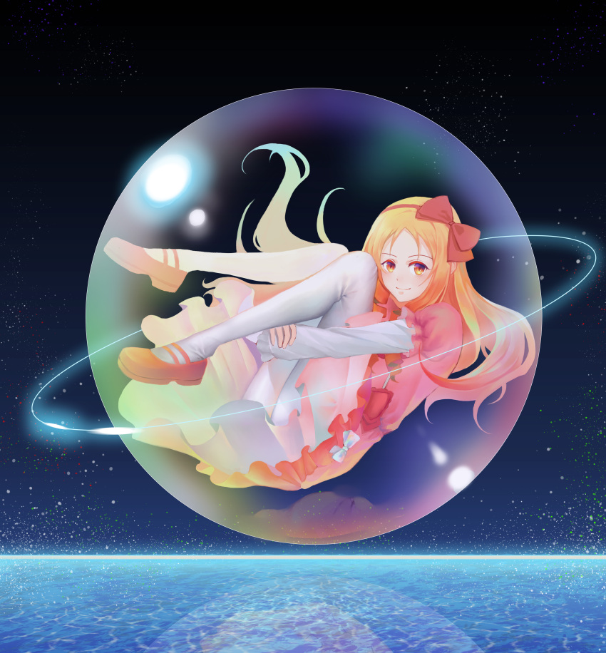 1girl absurdres blonde_hair blush bow brown_eyes closed_mouth dress eromanga_sensei floating_hair frilled_sleeves frills from_side full_body hairband highres leg_hug long_hair mary_janes orb pink_dress pink_shoes pos2457564744 puffy_short_sleeves puffy_sleeves red_bow reflection shoes short_sleeves smile solo very_long_hair water white_bow white_legwear yamada_elf